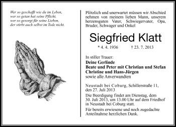 Traueranzeige von Siegfried Klatt von Neue Presse Coburg