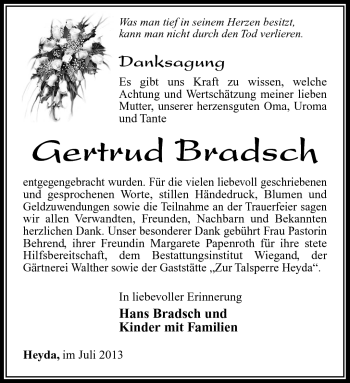 Traueranzeige von Gertrud Bradsch von Südthüringer Presse