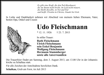 Traueranzeige von Udo Fleischmann von Südthüringer Presse