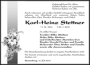 Traueranzeige von Karl-Heinz Stettner von Südthüringer Presse