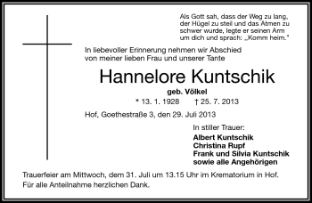 Traueranzeige von Hannelore Kuntschik von Frankenpost