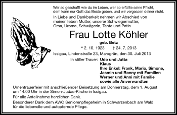 Traueranzeige von Lotte Köhler von Frankenpost
