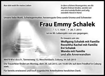 Traueranzeige von Emmy Schalek von Neue Presse Coburg