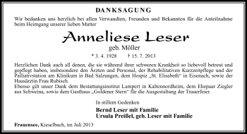 Traueranzeige von Anneliese Leser von Südthüringer Presse