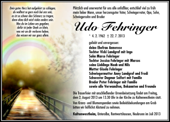 Traueranzeige von Udo Fehringer von Südthüringer Presse