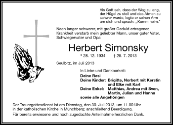 Traueranzeige von Herbert Simonsky von Frankenpost
