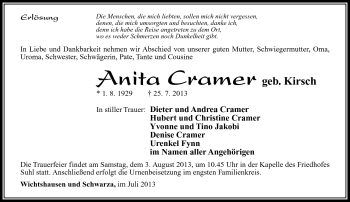 Traueranzeige von Anita Cramer von Südthüringer Presse