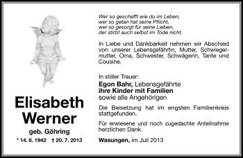 Traueranzeige von Elisabeth Werner von Südthüringer Presse