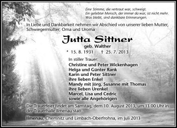 Traueranzeige von Jutta Sittner von Südthüringer Presse