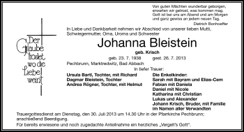 Traueranzeige von Johanna Bleistein von Frankenpost