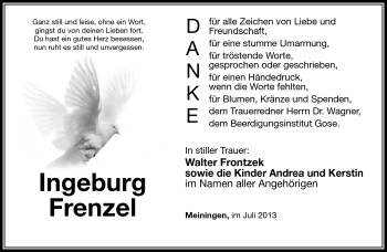 Traueranzeige von Ingeburg Frenzel von Südthüringer Presse