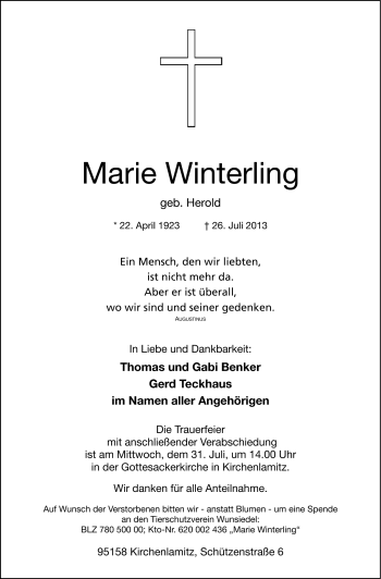 Traueranzeige von Marie Winterling von Frankenpost