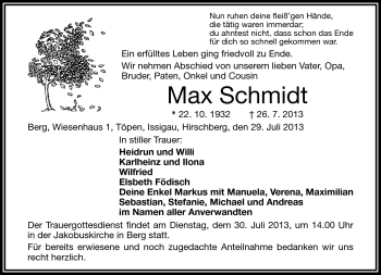 Traueranzeige von Max Schmidt von Frankenpost