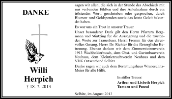 Traueranzeige von Willi Herpich von Frankenpost
