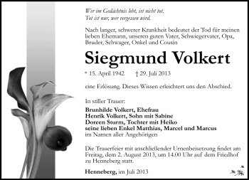 Traueranzeige von Siegfried Volkert von Südthüringer Presse