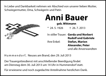 Traueranzeige von Anni Bauer von Neue Presse Coburg