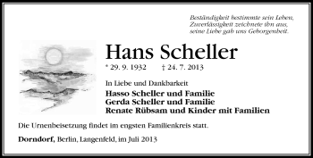 Traueranzeige von Hans Scheller von Südthüringer Presse