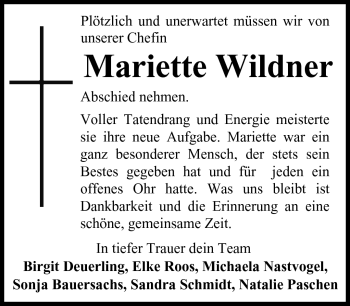 Traueranzeige von Mariette Wildner von Neue Presse Coburg