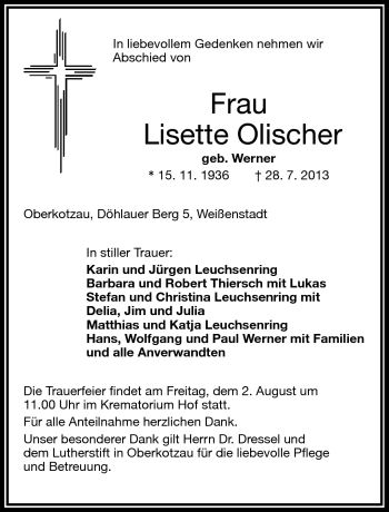 Traueranzeige von Lisette Olischer von Frankenpost