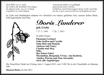 Traueranzeige von Doris Landerer von Südthüringer Presse