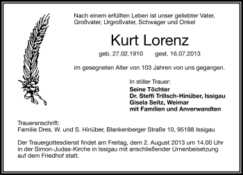 Traueranzeige von Kurt Lorenz von Frankenpost