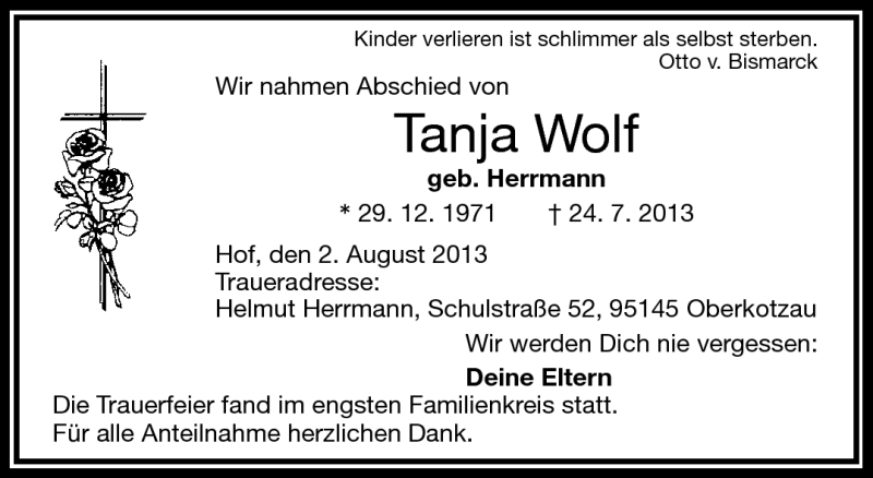  Traueranzeige für Tanja Wolf vom 02.08.2013 aus Frankenpost