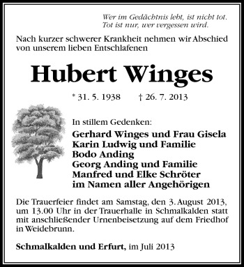 Traueranzeige von Hubert Winges von Südthüringer Presse
