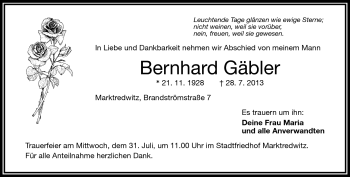 Traueranzeige von Bernhard Gäbler von Frankenpost