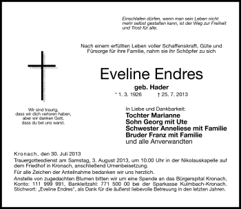 Traueranzeige von Eveline Endres von Neue Presse Coburg