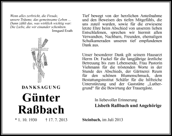 Traueranzeige von Günter Raßbach von Südthüringer Presse
