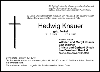 Traueranzeige von Hedwig Knauer von Neue Presse Coburg