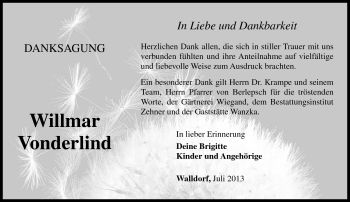 Traueranzeige von Willmar Vonderlind von Südthüringer Presse