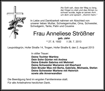 Traueranzeige von Anneliese Strößner von Frankenpost