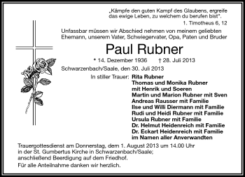 Traueranzeige von Paul Rubner von Frankenpost