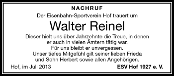 Traueranzeige von Walter Reinel von Frankenpost
