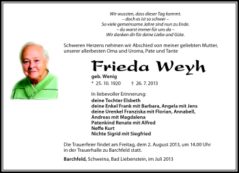 Traueranzeige von Frieda Weyh von Südthüringer Presse