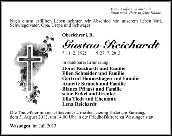 Traueranzeige von Gustav Reichardt von Südthüringer Presse