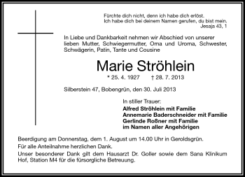 Traueranzeige von Marie Ströhlein von Frankenpost
