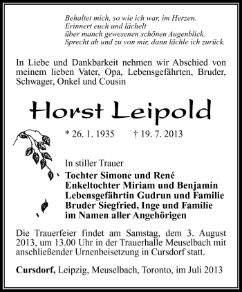 Traueranzeige von Horst Leipold von Südthüringer Presse