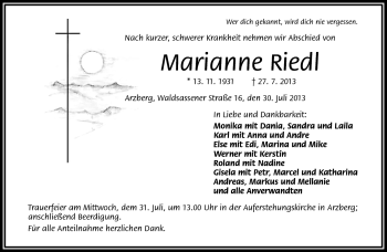 Traueranzeige von Marianne Riedl von Frankenpost