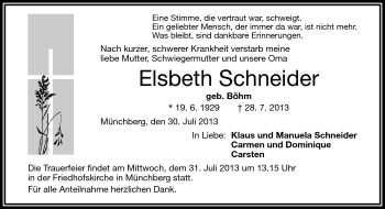 Traueranzeige von Elsbeth Schneider von Frankenpost