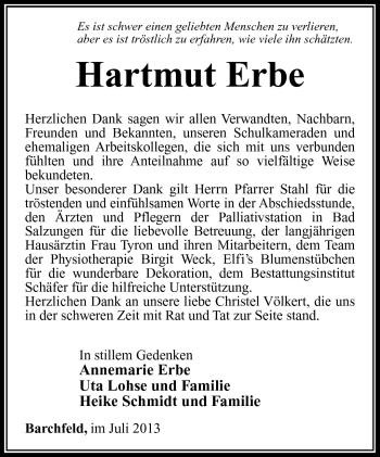 Traueranzeige von Hartmut Erbe von Südthüringer Presse