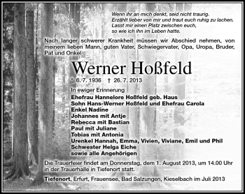 Traueranzeige von Werner Hoßfeld von Südthüringer Presse