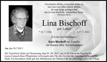 Traueranzeige von Lina Bischoff von Neue Presse Coburg