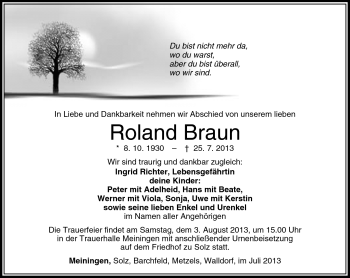 Traueranzeige von Roland Braun von Südthüringer Presse