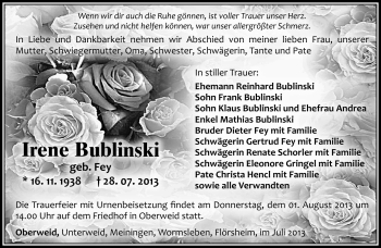 Traueranzeige von Irene Bublinski von Südthüringer Presse