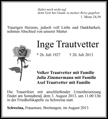 Traueranzeige von Inge Trautvetter von Südthüringer Presse
