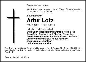 Traueranzeige von Artur Lotz von Südthüringer Presse