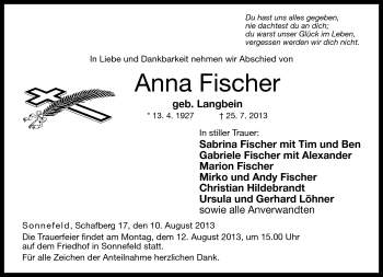 Traueranzeige von Anna Fischer von Neue Presse Coburg