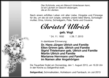 Traueranzeige von Christel Ullrich von Südthüringer Presse
